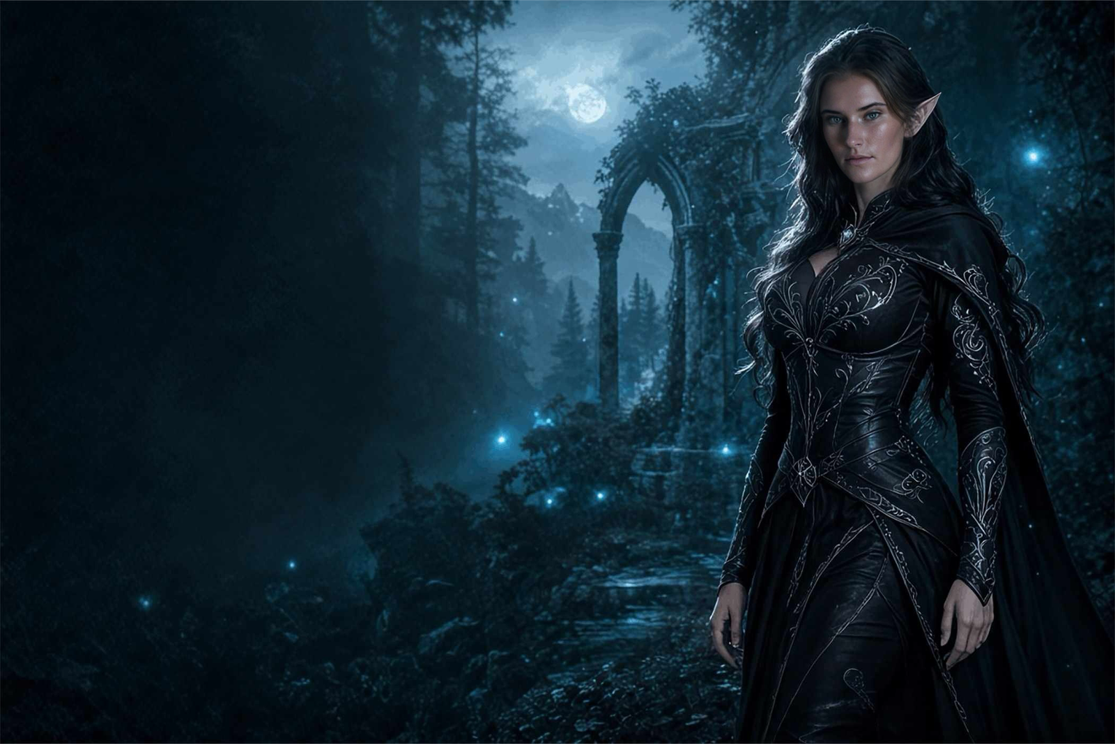 EeVee, a raven-haired light elf standing in a moonlit enchanted forest
